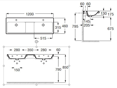Раковина подвесная Roca The Gap 120х46, подвесная, 2 чаши A3270YS000