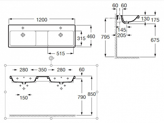 Раковина подвесная Roca The Gap 120х46, подвесная, 2 чаши A3270YS000