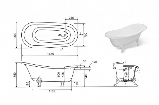 Ванна отдельностоящая 170х80 Эстет Марсель ФР-00001849