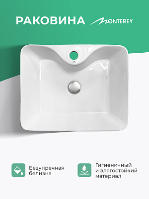 Раковина накладная 50 с отверстием под смеситель, фарфор, MONTEREY ZT-8099A (49х38) прямоугольная