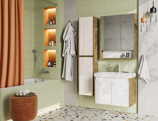 Тумба с раковиной AQUATON Сканди Doors 70 белый глянец/дуб рустикальный 1A278901SDZ90