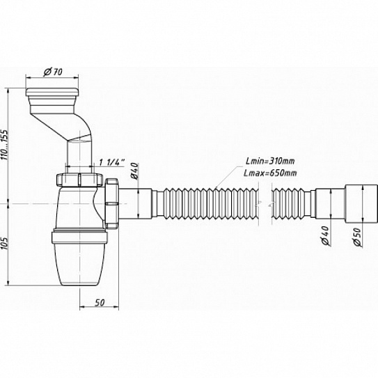 Сифон для писсуара бутылочный 1 1/4 х 40 с гибкой трубой Р-31009 ORIO