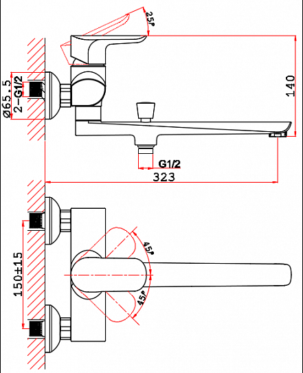 Смеситель для ванны латунь VRI Baciano HG900333 длинный излив (шланг, лейка в комплекте)