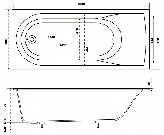 Ванна из литьевого мрамора 150х70 Афина BAS ВА00025 белый глянец