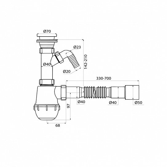 Сифон бутылочный, 1.1/2x40мм, с выпуском, гофротрубой 40/50мм и отводом, IDDIS, 900AVG1010VD