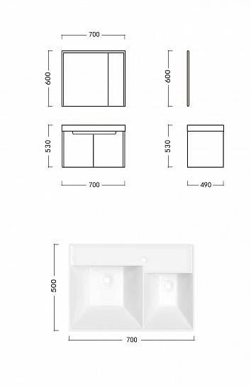 Комплект мебели тумба 705*460*510 с зеркальным шкафом и двойной раковиной Parly MAIELLA 70 