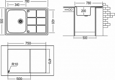 Мойка кухонная Longran Lotus LTL780.500, 78x50х20, декор лайн