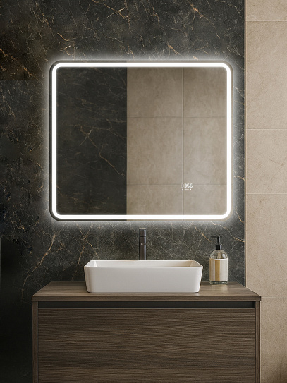 Зеркало в ванную 80х70 Аврора Люкс Monterey с подсветкой, термообогревом, часами, сенсор на взмах