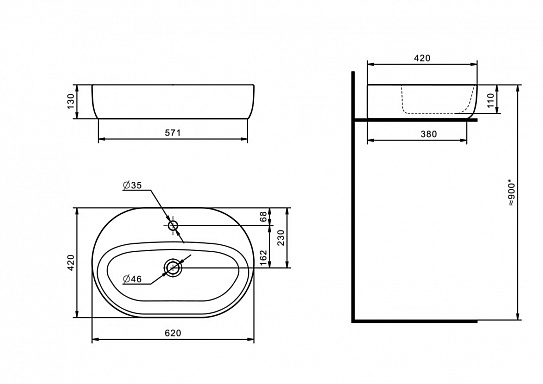 Раковина накладная 62 Santek Одри Round 62х42 1WH501710 с полочкой и отверстием под смеситель