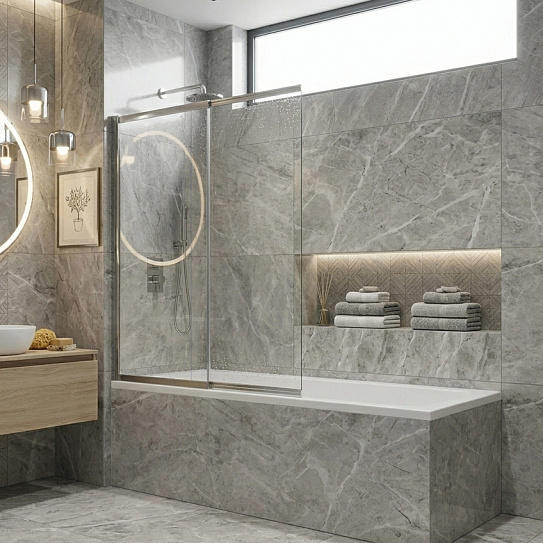 Штора для ванны раздвижная 100х140 MONTEREY EX-255 хром прозрачное стекло 4мм