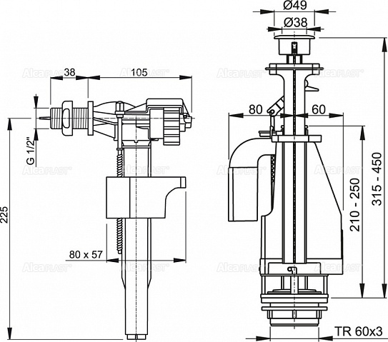 Выпускной комплект с двойной кнопкой,впускной механизм А16 1/2  AlcaPlast SA08AK 1/2" CHROM