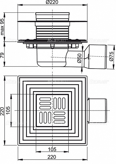 Сливной трап AlcaPlast APV3344 105 x 105/50/75
