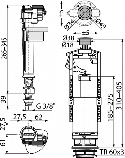 Выпускной комплект  AlcaPlast SA2000S 3/8 CHROM со стоп кнопкой 00022197