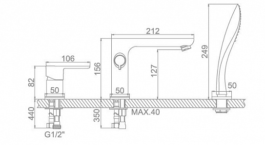 Смеситель для ванны врезной на борт 3 отв. Ledeme L1153W 
