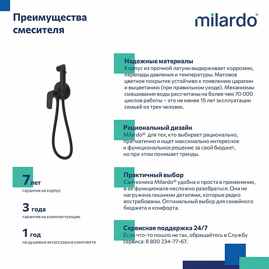 Встраиваемый смеситель с гигиеническим душем Milardo Rora черный матовый RORBLR0M08