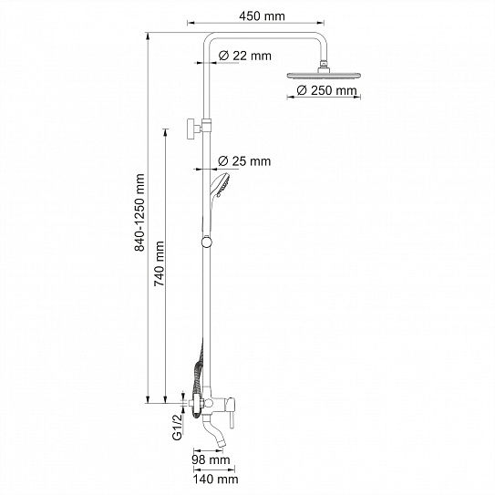 Душевой комплект со смесителем для ванны, 84/125х58 см WasserKRAFT A14401