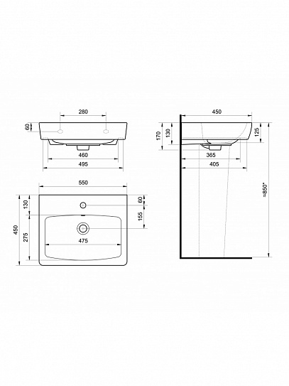 Раковина Santek Нео 55, фарфор, белая, прямоугольная,1WH302185