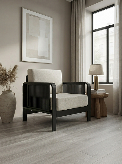 Кресло на каркасе из бамбука 730 с подушками FN-060D-2 BLACK BAMBOO+WHITE FABRIK