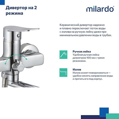 Смеситель для ванны поворотный с коротким изливом 20 см Milardo Demi DEMSB02M02