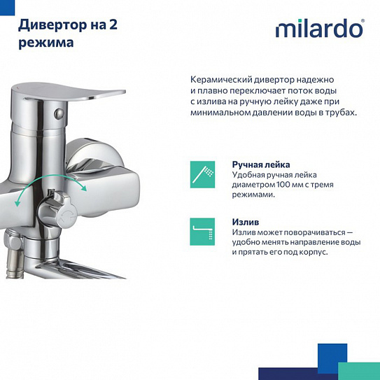 Смеситель для ванны поворотный с коротким изливом 20 см Milardo Demi DEMSB02M02