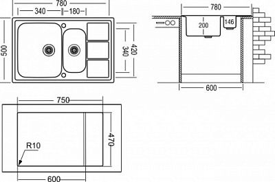 Мойка кухонная двойная Longran Lotus LTP780.500.15, 78x50x20, двойная