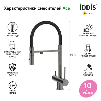 Смеситель для кухни с каналом для питьевой воды и гибким изливом Iddis Ace ACEGMFFi05