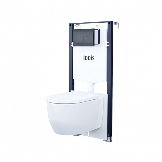 Подвесной безободковые унитаз с инсталляцией,комплект с клавишей смыва черная, Iddis BASAI02i73