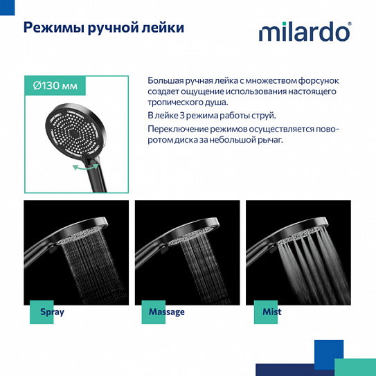 Душевой гарнитур со штангой, черный матовый, Ideal Spa, Milardo, ILS3B70M16
