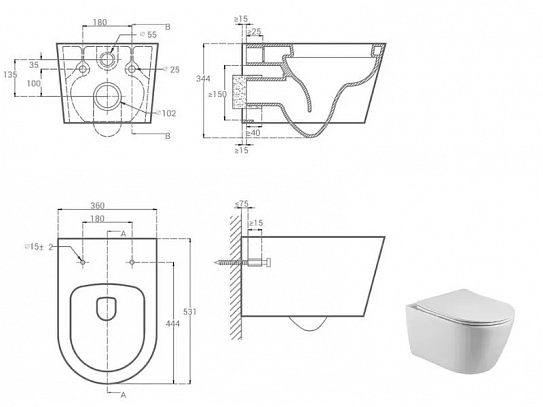 Унитаз подвесной MONTEREY ROUND (сиденье дюропласт с микролифтом) 7855N003-7150