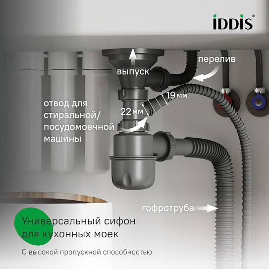 Сифон бутылочный, 3.1/2x40мм, с выпуском, гофротрубой, отводом и переливом, Iddis, 900CVG1P10VD