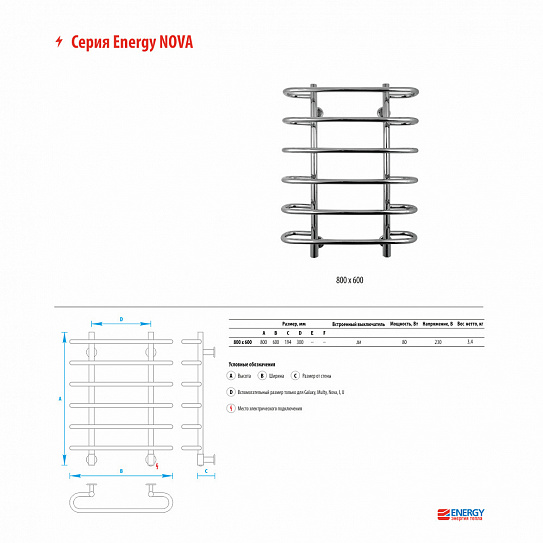Полотенцесушитель электрический Energy Nova 800х600 EETR0NOVA0806000000