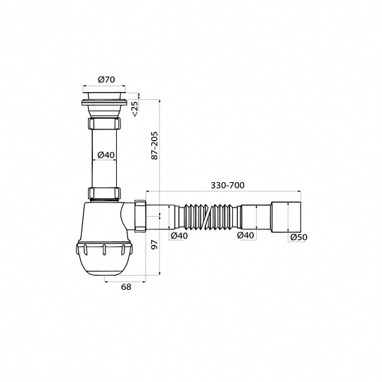 Сифон бутылочный, 1.1/2x40мм, с выпуском и гофротрубой 40/50мм, IDDIS, 900AVG0010VD