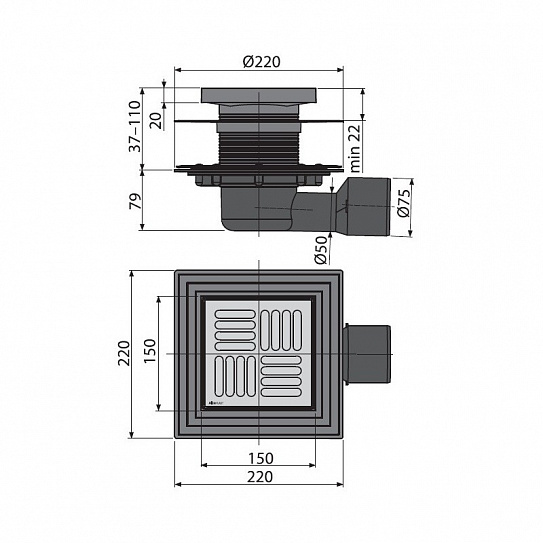Сливной трап AlcaPlast APV3444 150 x 150/50/75