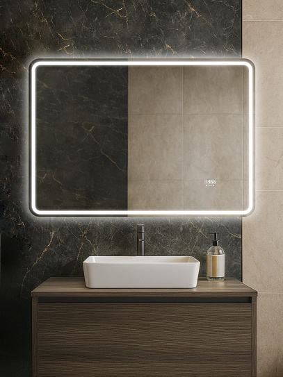 Зеркало 100х70 Аврора Люкс Monterey с подсветкой, термообогревом, часами с термометром и сенсором на взмах