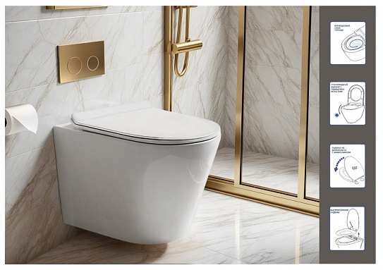 Унитаз подвесной безободковый Cerutti FARO Aria Tornado, крышка дюропласт с микролифтом, CT10833, смыв торнадо