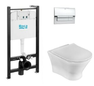 Комплекты унитаз с инсталляцией ПЭК Roca Faro ZRU9307613 подвесная чаша Rimless + сиденье + панель слива