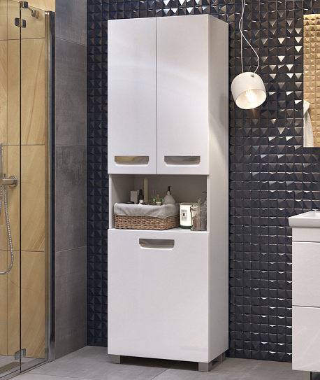 Шкаф пенал для ванной напольный 60 см  Vigo Plaza 60 (pn.PLA.60) белый, с корзиной для белья