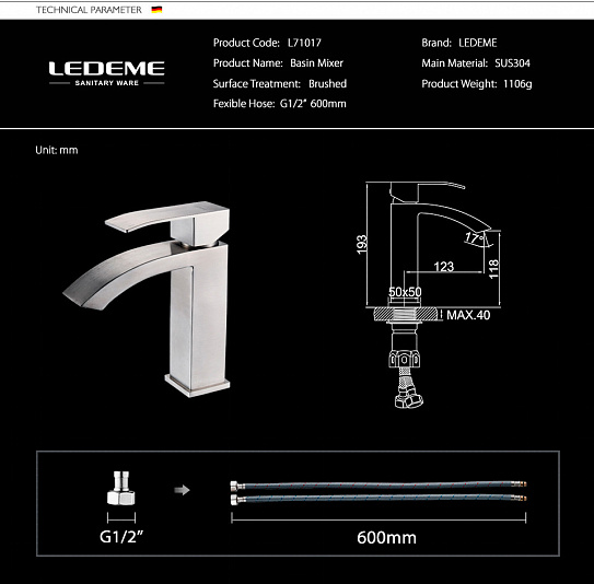 Смеситель для умывальника Ledeme L71017