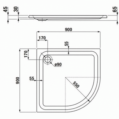 Поддон Laufen Solutions 1\4 круга 90х90*4,5 см R55 2135020000001