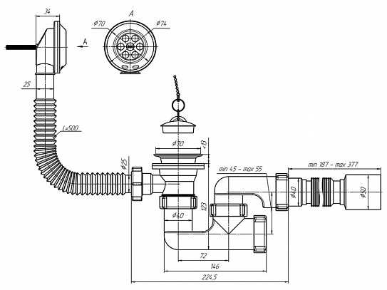 Сифон АНИ пласт для ванны регулируемый с выпуском 1 1/2