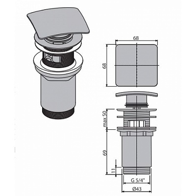 Слив 1 1/4 клик-клак с квадратной заглушкой AlcaPlast A393