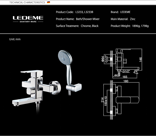 Смеситель для ванны Ledeme L3233B