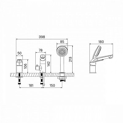 Смеситель на борт ванны на 3 отверстия с керамическим дивертором Iddis Torr TORSB30i07