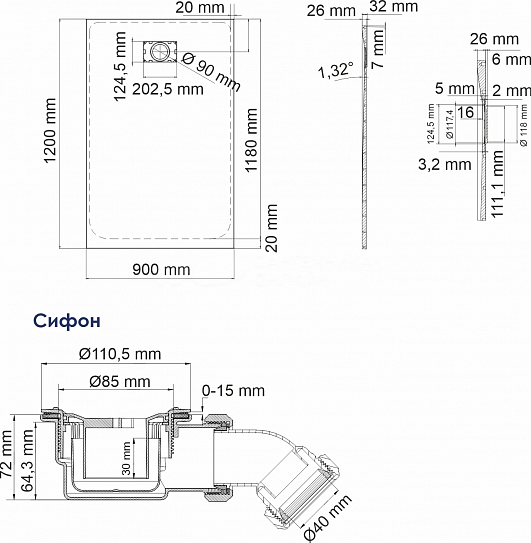 Душевой поддон 120х90 SMC стеклопластик прямоугольный WasserKraft Main 41T07
