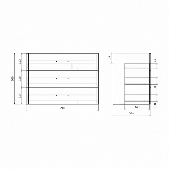 Тумба напольная 3 ящика MIRSANT Fuji 100 (раковина Deep-100) (рак. 262517 в комплект не входит)