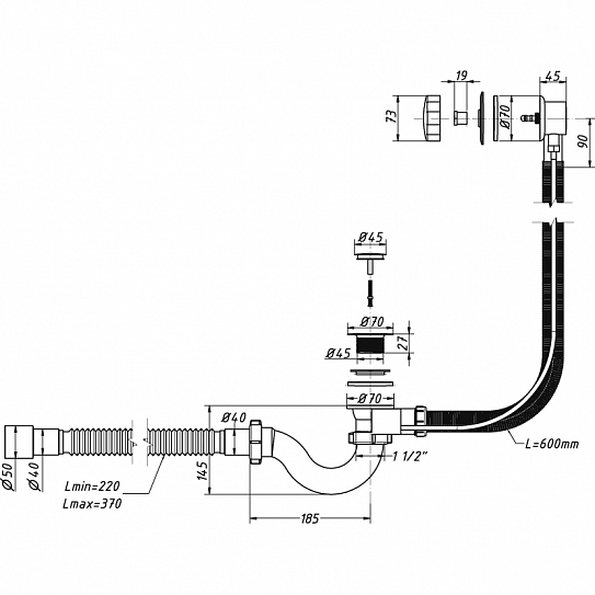 Сифон для ванны 1 1/2 40 Orio А-23089 с металлическим выпуском, переливом и гибкой трубой