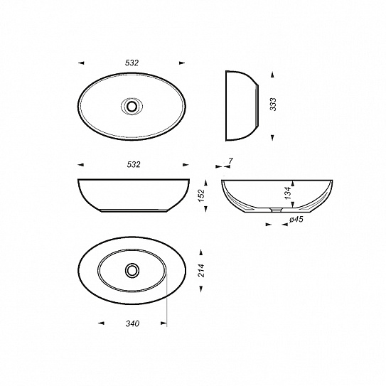 Раковина на столешницу накладная 53 см овальная Sanita Luxe Ringo Slim 53х33
