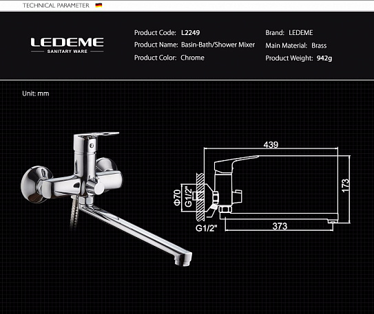 Смеситель для ванны Ledeme L2249