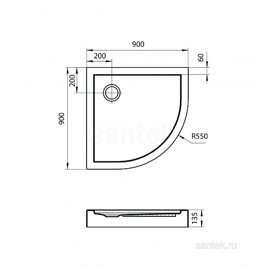 Душевой поддон 90х90 Santek Палермо четверть круга белый, 1WH302478