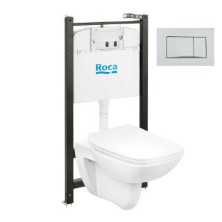 Комплект ПЭК Debba подвесная чаша Rimless с инсталляцией и сиденьем, панель слива в комплекте Roca ZRU9307734